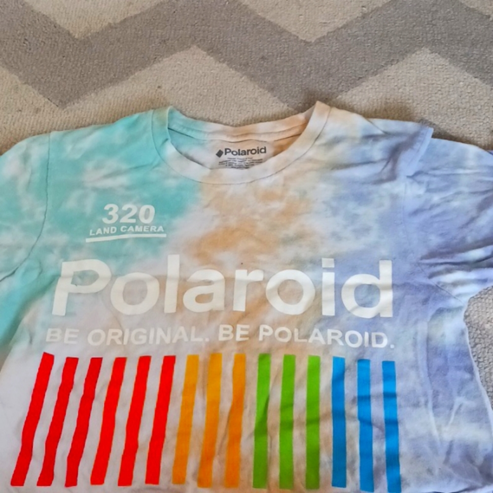 Polaroid blue orange white and teal crop top